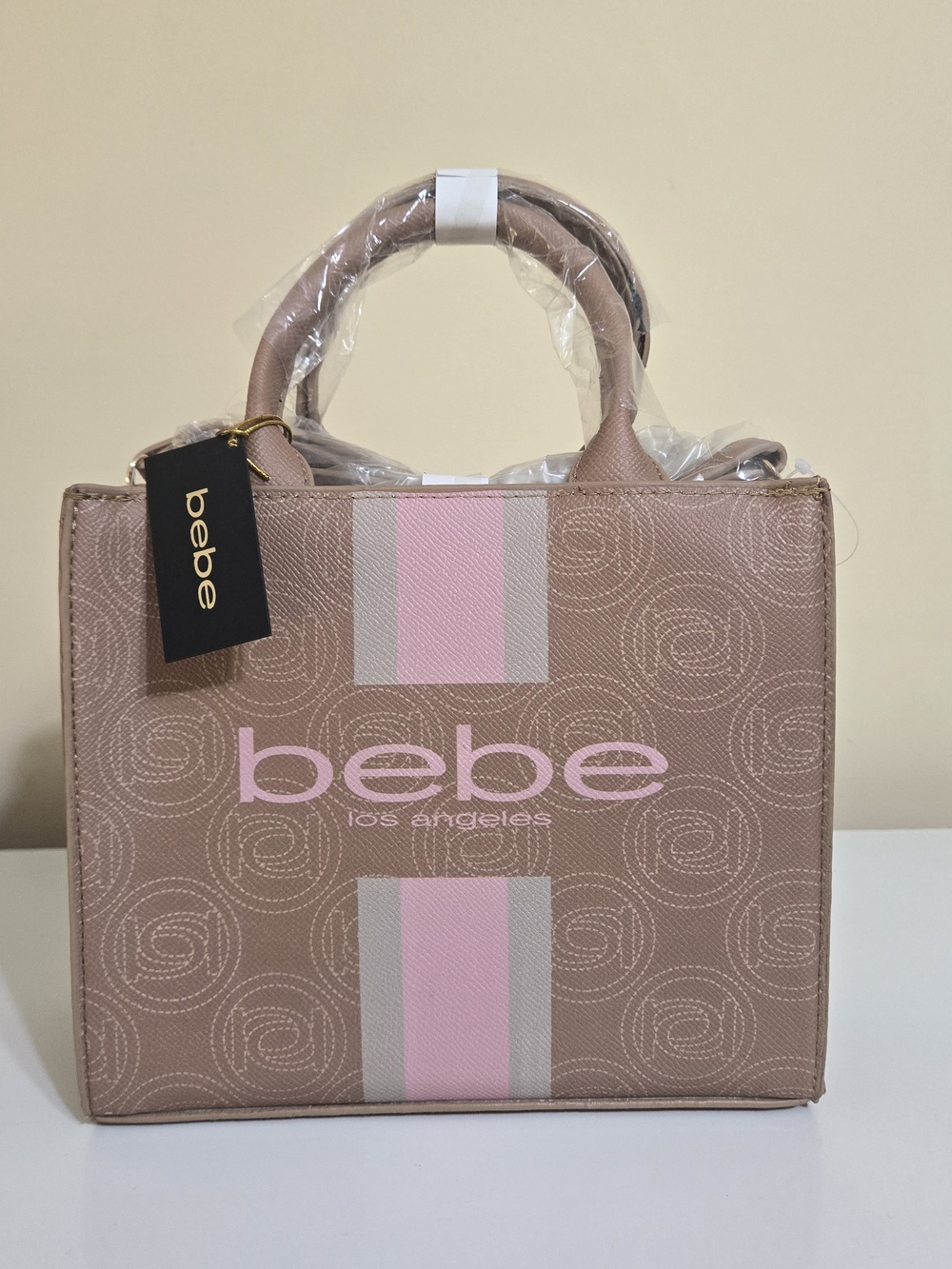 bebe Los Angeles Pink and Taupe Logo Tote Bag